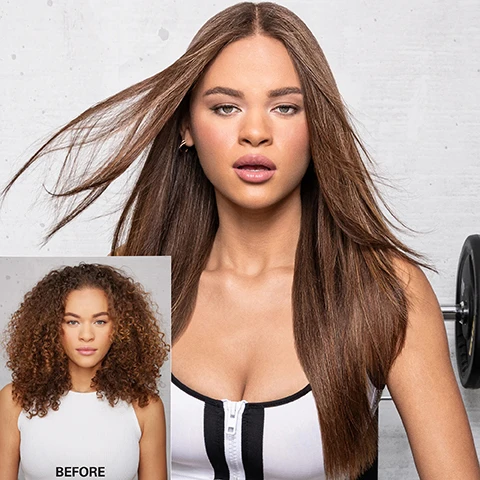 Image 2 - A young woman with long, straight brown hair and natural makeup is shown in the main image with a blurred gym background, while a smaller inset image features the same woman with curly hair and text underneath that reads BEFORE.
              Image 3 - Image shows two sections for hair care products with before-and-after images: the top left shows a person with curly hair labeled BEFORE, and next to it is another person with straight hair labeled BEFORE in the bottom left; the right side contains product descriptions including EXTRA STRENGTH DREAM COAT for extremely dry, dehydrated, or very curly/coily hair and DREAM COAT for straight, wavy, or curly but frizzy hair, both mentioning glossy-smooth, humidity-resistant, frizz-free style that lasts.
              Image 4 - The image shows four sections of hair, with BEFORE labels on the left and AFTER labels on some sections, demonstrating transformations from frizzy to smooth and hydrated hair, and includes the text MORE MUSCLE, MORE MOISTURE, STRONGER ANTI-FRIZZ POWER and FOR EXTREMELY DRY, DEHYDRATED HAIR + CURLY/COILY HAIR.