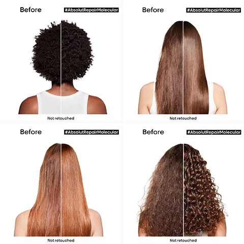 Image 1, before and after unreotuched. Image 2, absolut repair molecular co-developed by pros. up to 97% mor strength. fast absorbing texture. brush test vs sensitised hair. image 3, a professional 3 step home routine. 1 = cleanse and strengthen, 2 = rebuild and strengthen, 3 = protect and strengthen. image 4, pro tips for leave in mask. how to achieve up to 97% more strength? step 1 = detangle your towel dried hair. step 2 = section hair down the middle , pump once for each section. step 3 = distribute evenly from lengths to ends and leave in. step 4 = blow dry or air dry.