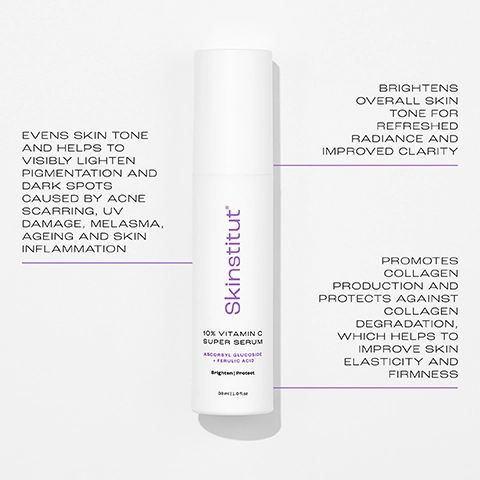 EVENS SKIN TONE AND HELPS TO VISIBLY LIGHTEN PIGMENTATION AND DARK SPOTS CAUSED BY ACNE SCARRING, UV DAMAGE, MELASMA, AGEING AND SKIN INFLAMMATION. BRIGHTENS OVERALL SKIN TONE FOR RADIANCE AND IMPROVED CLARITY. PROMOTES COLLAGEN PRODUCTION AND PROTECTS AGAINST COLLAGEN DEGRADATION, WHICH HELPS TO IMPROVE SKIN ELASTICITY AND FIRMNESS.