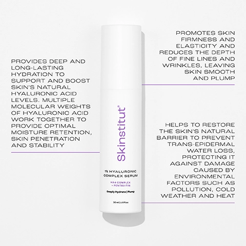 PROVIDES DEEP AND LONG-LASTING HYDRATION TO SUPPORT AND BOOST SKIN'S NATURAL HYALURONIC ACID LEVELS. MULTIPLE MOLECULAR WEIGHTS OF HYALURONIC ACID WORK TOGETHER TO PROVIDE OPTIMAL MOISTURE RETENTION, SKIN PENETRATION AND STABILITY. PROMOTES SKIN FIRMNESS AND ELASTICITY AND REDUCES THE DEPTH OF FINE LINES AND WRINKLES, LEAVING SKIN SMOOTH AND PLUMP. HELPS TO RESTORE THE SKIN'S NATURAL BARRIER TO PREVENT TRANS-EPIDERMAL WATER LOSS, PROTECTING IT AGAINST DAMAGE CAUSED BY ENVIRONMENTAL FACTORS SUCH AS POLLUTION, COLD WEATHER AND HEAT.