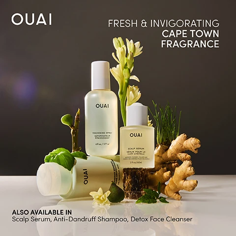 Image 1 - A collection of OUAI hair care products displayed with flowers and greenery, including a thickening spray and a scalp serum, with text reading FRESH & INVIGORATING CAPE TOWN FRAGRANCE and ALSO AVAILABLE IN Scalp Serum, Anti-Dandruff Shampoo, Detox Face Cleanser.
              Image 2 - A person holds a spray bottle of OUAI Thickening Spray against a black background, with text detailing benefits: AMARANTH PEPTIDE helps increase the diameter of the hair, helping the hair look fuller; AMINO ACID helps nourish and repair the hair cuticle; VOLUME POLYMERS helps provide long-lasting volume; 6 fl oz / 177 ml.
              Image 3 - Image showing a woman with long blond hair styled differently on the left and right sides; the left displays her hair straight and sleek labeled BEFORE, while the right shows her hair with more volume and waves labeled AFTER and notes *NO EXTENSIONS USED at the bottom.
              Image 4 - A side-by-side comparison shows a woman with straight red hair on the left labeled BEFORE and the same woman with styled wavy red hair on the right labeled AFTER *NO EXTENSIONS USED, both wearing a black top.
              Image 5 - A model with long blonde hair poses against a light blue background, wearing a white turtleneck, with text highlighting the benefits of thickening spray: instantly delivers thicker & fuller-looking hair, adds volume that lasts all day, actively repairs for healthier hair, and includes the brand name OUAI.
              Image 6 - A woman with long, wet hair demonstrates hair care steps, holding a serum bottle and applying it to her scalp in the first panel, smiling while massaging her scalp in the second, spraying a thickening product in the third, and finally styling her hair with a blow dryer in the fourth, with visible text indicating each step.