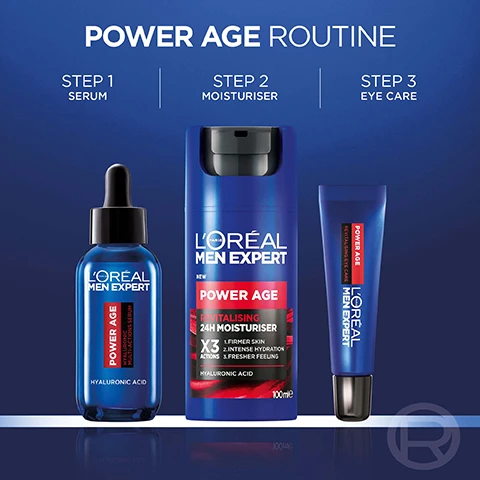 Image 1 - A display of LOréal Men Expert Power Age skincare routine featuring three products: a blue dropper serum labeled STEP 1 SERUM, a blue moisturiser labeled STEP 2 MOISTURISER with benefits listed as 1. FIRMERS SKIN 2. INTENSE HYDRATION 3. FRESHER FEELING, and an eye care cream labeled STEP 3 EYE CARE, all set against a blue background.
              Image 2 - A man with short hair and a trimmed beard holds a blue moisturizer bottle labeled LOréal Men Expert Power Age Revitalising 24h Moisturiser, with the text GIVE YOUR SKIN THE POWER TO AGE BETTER BECAUSE YOURE WORTH IT displayed prominently in the image.
              Image 3 - A blue bottle of LOréal Men Expert Power Age Shot Serum with a dropper lid is shown against a gradient background, featuring text that states it reduces the appearance of fine lines and wrinkles, provides long-lasting hydration, and firms and revitalizes skin.
              Image 4 - A close-up image of a man applying a dropper of skincare product to his cheek, with text stating easy to apply and subtle on the skin, and listed benefits including non-sticky, non-greasy, lightweight formula, and quickly absorbed.
              Image 5 - A blue and black container of LOréal Men Expert Power Age Moisturiser with visible text highlighting benefits such as firms and protects skin, intense hydration, fresher feeling, and reduces appearance of wrinkles.
              Image 6 - A man gently applies a cream to his face, with text beside him stating that the product is easy to apply and gentle on skin, and lists qualities such as non-sticky, non-greasy, lightweight formula, and quickly absorbed.
              Image 7 - A close-up of a man holding a blue skincare product near his eye, with text stating visibly reduces appearance of eye bags and wrinkles, and awakens eye contour.
              Image 8 - A close-up of a blue gel-like droplet surrounded by bubbles with the text powered by [hyaluronic acid] helps reduce appearance of fine lines and wrinkles by locking in essential moisture.