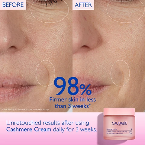 Image 1m before and after 98% firmer skin in less then 3 weeks. unretouched results after using cashmere cream daily for 3 weeks. Image 2, 98% firmer skin in less than 3 weeks. Image 3, 5 times collagen production, 2 times hyaluronic acid production. image 4, vegan collagen 1 - lifting effect. hyaluronic acids - smooth and hydrate. collagen booster - firm skin. resveratrol - anti wrinkles. image 5, resveratrol-lift cashmere cream, correct wrinkles, firm and smooth skin vs premier cru the cream, correct the 8 signs of aging (wrinkles, fine lines, firmness, volume, elasticity, dark spots, hydration and radiance). image 6, step 1 = instant firming serum. step 2 = firming night cream for the evening, cashmere cream for the morning. step 3 = firming eye gel cream. image 7, how to recycle cashmere cream. 1 = keep the glass jar and the cover. 2 = recycle the empty refill in the recycle bin. 3 = insert a new refill into your jar. image 8, 85% less packaging. image 9, new resveratrol lift cashmere cream. 98% firmer skin in less than 3 weeks, new formula with vegan collagen, new recycled, recyclable and refillable packaging