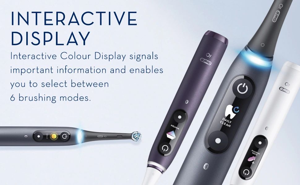 INTERACTIVE DISPLAY. Interactive Colour Display signals important information and enables you to select between 6 brushing modes. Oral-B iO DAILY CLEAN.