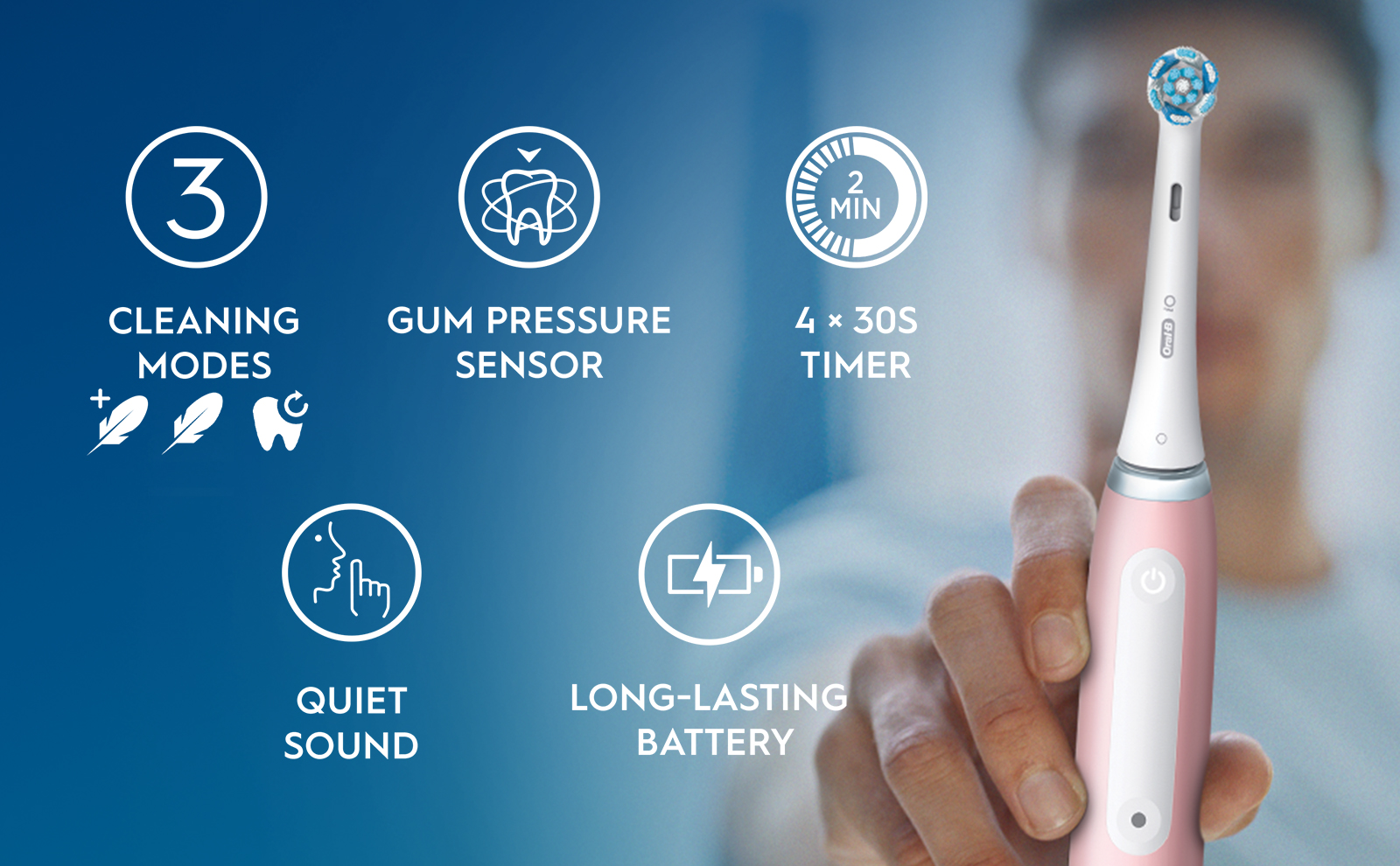 Features of the Oral-B iO electric toothbrush: 3 cleaning modes, gum pressure sensor, 2-minute timer, quiet sound, and long-lasting battery.