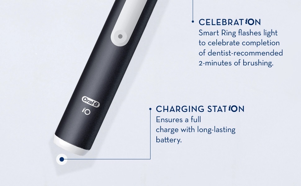 CELEBRATION Smart Ring flashes light to celebrate completion of dentist-recommended
                                  2-minutes of brushing. CHARGING STATION Ensures a full charge with long-lasting battery.