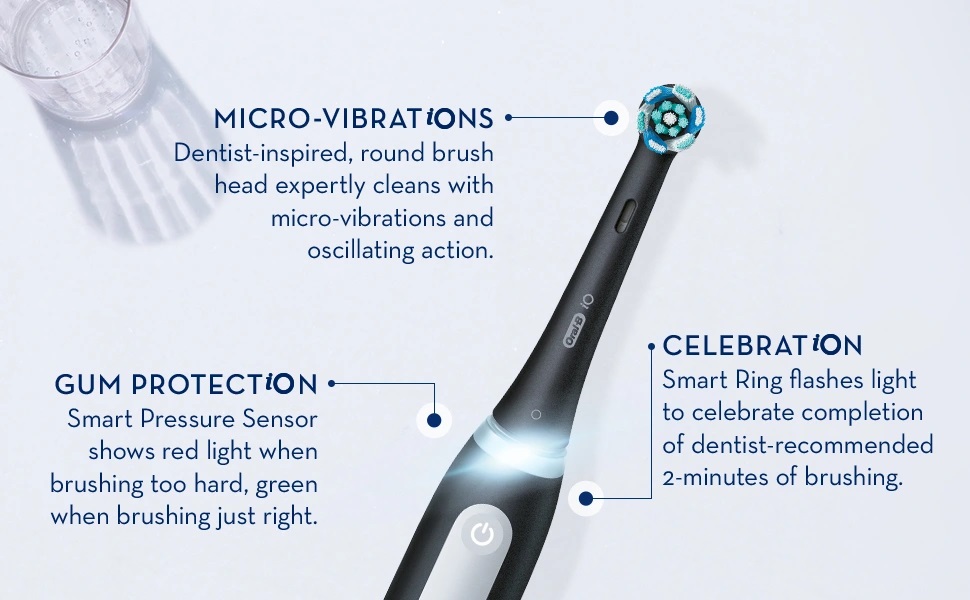 MICRO-VIBRATIONS Dentist-inspired, round brush head expertly cleans with micro-vibrations and oscillating action. GUM PROTECTION Smart Pressure Sensor shows red light when brushing too hard, green when brushing just right. CELEBRATION Smart Ring flashes light to celebrate completion of dentist-recommended 2-minutes of brushing
