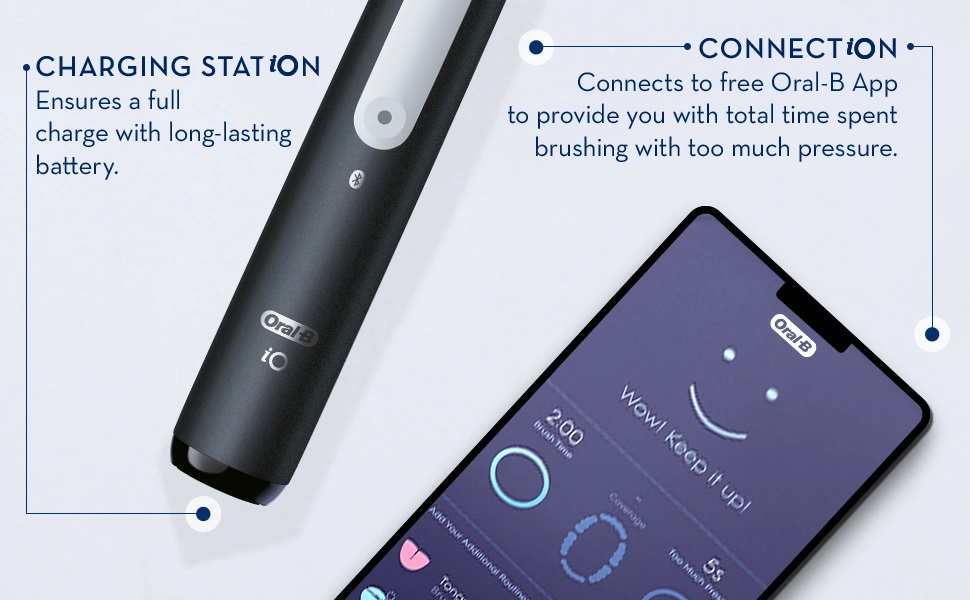 CHARGING STATION Ensures a full charge with long-lasting battery. CONNECTION Connects to free Oral-B App to provide you with total time spent brushing with too much pressure.