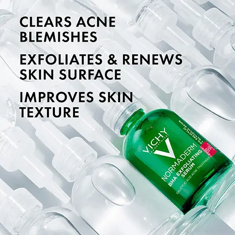 Clears acne blemishes. Exfoliates and renews skin surface. Improves skin texture. 1% salicylic acid. Clears acne and prevents new breakouts. 4% glycolic acid. Exfoliates and renews the skin's surface. Non-greasy, non-sticky, fast absorbing texture. Applicator designed to prevent formula contamination. Turn bottle upside down and squeeze clear tip to dispense. Certified with dermatologists, developed by Vichy laboratories.