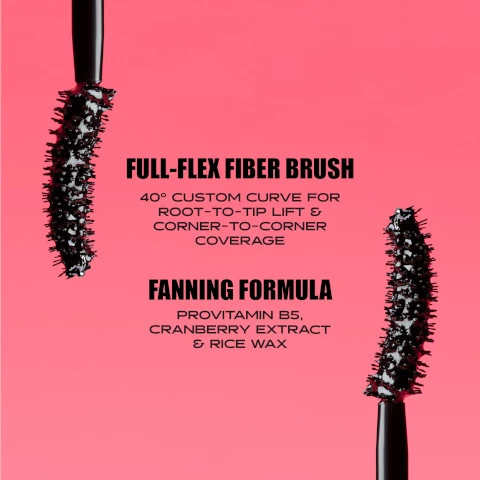 Image 1, full flex fiber brush brush, 40 degree custom curve for root to tip lift and corner to corner coverage. fanning formula, provitamin b5, cranberry extract and rice wax. Image 2, lengthening, fanning, volumizing, curling, extreme lengthening.