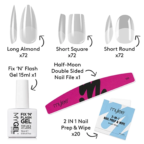 Image 1, 72 long almond, 72 short square, 72 short round, fix n flash gel 15ml, half moon double sided nail file, 20 2 in 1 prep and wipe. Image 2, short square, short round, long almond. Image 3, soak off - quick and easy removal by soaking in gel removed or acetone. gel extensions a super quick way to get gorgeous gel extensions. gel tips = lightweight and flexiable tips that can be adhered with gel, not super glue. pre-buffed no need to buff the top before application, meaning quick application. led and uv curable = can be used with your existing mylee lamp. thin and flexiable = comfortable to wear and less likely to break or snap. pre shaped = these tips are already shaped perfectly for you.