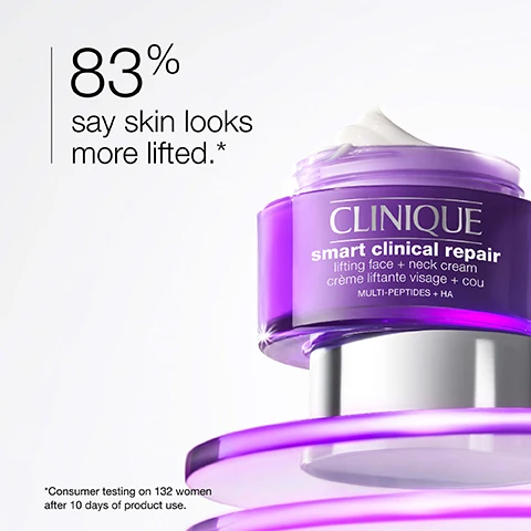 Image 1 - A purple cream jar labeled Clinique smart clinical repair lifting face + neck cream is shown with the text 83% say skin looks more lifted and a footnote that reads *Consumer testing on 132 women after 10 days of product use.
              Image 2 - Image showing a side-by-side comparison of a persons skin before and after treatment, with the text Before on the top and After on the bottom, and additional text reading *Panelists individual results (12 weeks of daily use). Individual results will vary.
              Image 3 - Image shows two circular clear containers with a gel-like substance, one containing a light beige gel with bubbles labeled Peptides help boost skins strength, and the other a transparent gel labeled Moisturising blend with hyaluronic acid helps hydrate and visibly smooth fine, dry lines.
              Image 4 - An abstract white texture resembling cream with the words visibly lift, smooth, and hydrate, accompanied by corresponding icons for each phrase.
              Image 5 - A purple background with a table listing products that are free of fragrance, sodium lauryl sulfate, sodium laureth sulfate, and drying alcohol, marked with an x next to each item.