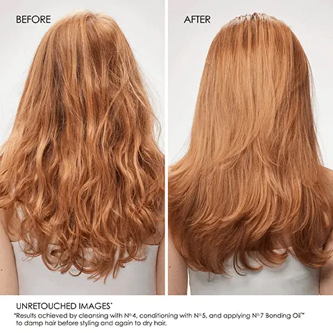 Image 1-2, before and after unretouched images results achieved by cleansing with no4 conditioning with no5 and applying no7 bonding oil to damp hair before styling and again to dry hair