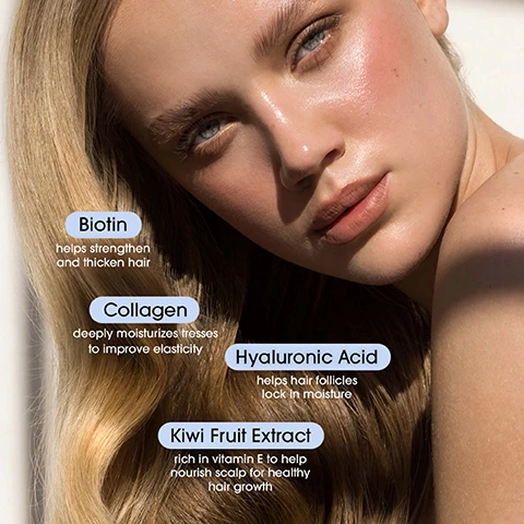 Image 1 - A close-up portrait of a young woman with long, straight hair, displaying visible text that lists benefits of various ingredients: Biotin helps strengthen and thicken hair, Collagen deeply moisturizes tresses to improve elasticity, Hyaluronic Acid helps hair follicles lock in moisture, Kiwi Fruit Extract rich in vitamin E to help nourish scalp for healthy hair growth.
              Image 2 - Image shows a light cream serum in a swipe across a pale blue background with text that reads Biotin & Collagen Strengthening, Smoothing, & Styling Hair Serum, followed by an ingredient list and their functions: Hyaluronic Acid - Hydrates, Coconut Oil - Softens, Biotin & Collagen - Protects & Strengthens.