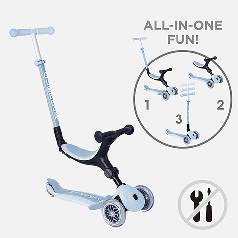 All-in-one fun! Shows the product in its three stages of use. Symbol shows no tools.