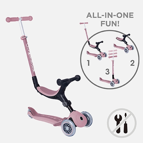 All-in-one fun! Shows the product in its three stages of use. Symbol shows no tools.