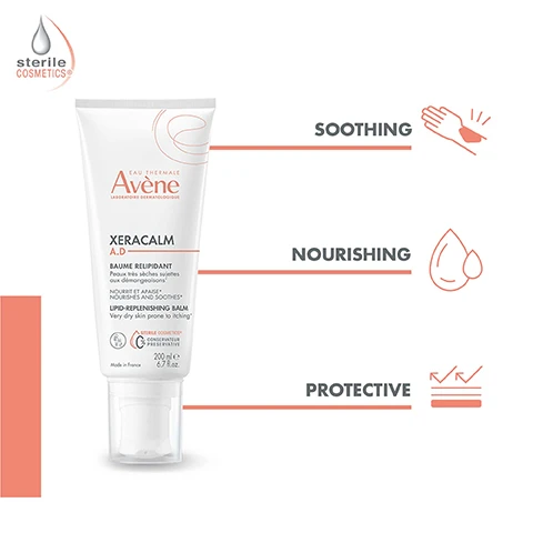  sterile COSMETICS CAU THERMALE Avène XERACALM A.D BAUME REUPIDANT Peaux chesses NOURISHES AND SOODS LIPID REPLENISHING BALM Very dry skin prone to iching SOOTHING NOURISHING 200le 67 Raz PROTECTIVE 1. Cleanser- Xeracalm A.D lipid-replenishing cleansing oil. 2. Rebalance- Avene thermal spring water. 2. Nourish and calm- Xeracalm A.D lipid-replenishing. 4. Soothe immeditately- Xeracalm A.D soothing concentrate. Rich and nourishing texture. Fragrance-free.