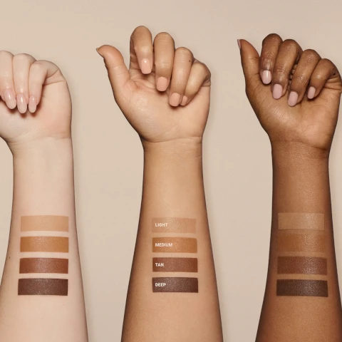 swatches on three different skin tones - light, medium, tan and deep