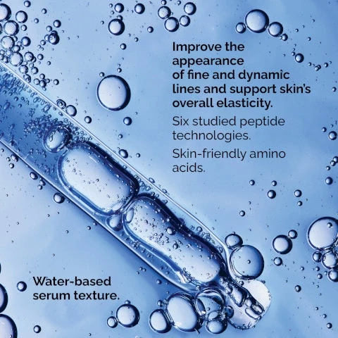 Image 1, Improve the appearance of fine and dynamic lines and support skin's overall elasticity. Six studied peptide technologies. Skin-friendly amino acids. Water-based serum texture. Image 2, same formula, new name. buffet plus copper peptides 1% is now multi peptide plus copper peptides 1% serum. peptides this powerful deserve to be on the label