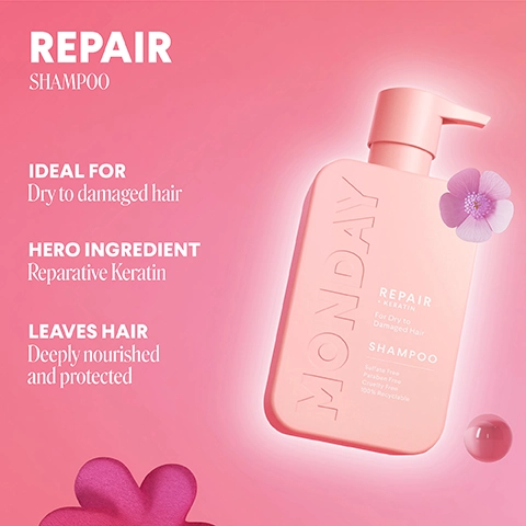 repair shampoo. ideal for dry to damaged hair. hero ingredient - reparative keratin. leaves hair deeply nourished and protected.