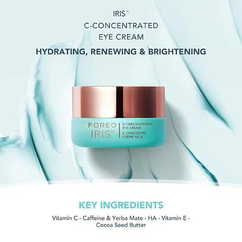 Image 1, c-concentrated eye cream. hydrating, renewing and brightening. key ingredients = vitamin c caffeine and yerba mate, HA, vitamin e, cocoa seed butter. image 2, brightening vitamin c, depuffing caffeine and yerba mare. hydrating hyaluronic acid. antioxidant vitamin e, nourishing cocoa seed butter. image 3, before and after.