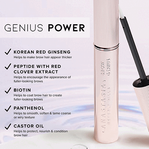 genius power, Korean red ginseng, helps to make brow hair appear thicker. Peptide with red clover extract helps to encourage the appearance of fuller-looking brows. Biotin helps to coat brow hair to create fuller-looking brows. Panthenol helps to smooth, soften and tame coarse or wiry textures. Castor oil helps to protect, nourish and condition brow hair.Before, 16 weeks after. What to expect? After one application! Smoother, softer, and more conditioned, 2 weeks luxurious changes in texture and manageability. 4 weeks' brows look healthier, nourished, and less brittle. 6-8 weeks, thicker and fuller appearance, and 12-16 weeks more defined and improved appearance. Before unretouched photos from 16 weeks independent phot study. Individual results may vary. 4 weeks - luxurious changes in texture, smoother, softer and more conditioned. 8 weeks - brows look healthier, nourished and less brittle and 16 weeks - brows appear fuller looking and strands appear thicker. Brow Genius is proven to improve texture and increase smoothness and softness by 85%.