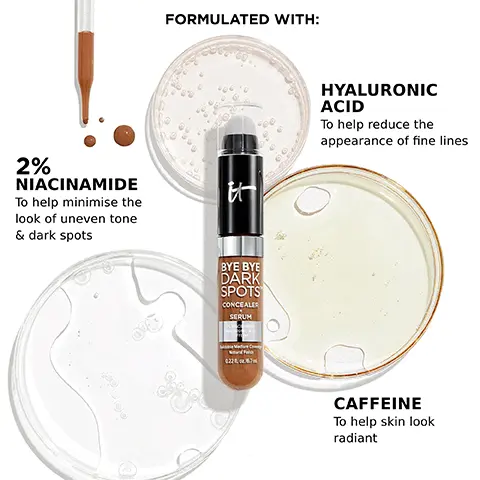 Formulated with 2% niacinamide to help minimise the look of uneven tone and dark spots, hyaluronic acid to help reduce the appearance of fine lines and caffeine to help skin look radiant. Image 2, Doe foot applicator for targeted application, kabuki brush for an effortless blend on the go. Image 3, 94% say bare akin looks smoother, 86% say dark spots looks minimised and 86% say bare skin looks more radiant. Image 4, your brightening routine, 1 glow perfect, 2 conceal and brighten under eyes and 3 set. Image 5, YOUR BYE BYE
              WHICH SHADE IS RIGHT FOR YOU? BYE BYE DARK SPOTS CONCEALER DARK SPOTS MATCH CONCEAL BRIGHTEN MEDIUM COOL 30 LIGHT COOL 20 LIGHT WARM 23 FAIR WARM 12 LIGHT NEUTRAL 22 FAIR NEUTRAL 11 LIGHT COOL 20 LIGHT COOL 20 FAIR WARM 12 FAIR NEUTRAL 11 FAIR NEUTRAL 11
              FAIR NEUTRAL 11. Image 6, YOUR BYE BYE WHICH SHADE IS RIGHT FOR YOU? BYE BYE DARK SPOTS CONCEALER DARK SPOTS MATCH CONCEAL BRIGHTEN TAN WARM 44 TAN NEUTRAL 42 TAN NEUTRAL 42 MEDIUM NEUTRAL 33 TAN COOL 40 MEDIUM NEUTRAL 33 MEDIUM NEUTRAL 33 MEDIUM NEUTRAL 31 MEDIUM WARM 32 LIGHT WARM 23 MEDIUM NEUTRAL 31 LIGHT NEUTRAL 22. Image 7, YOUR BYE BYE
              WHICH SHADE IS RIGHT FOR YOU? BYE BYE DARK SPOTS CONCEALER DARK SPOTS MATCH CONCEAL BRIGHTEN DEEP NEUTRAL 61 DEEP NEUTRAL 58 DEEP WARM 60 RICH WARM 51 DEEP NEUTRAL 58 RICH NEUTRAL 53 RICH NEUTRAL 53 TAN NEUTRAL 42 RICH WARM 51 TAN WARM 44 RICH COOL 50 TAN NEUTRAL 42