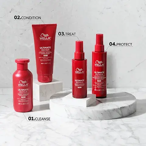 Image 1, cleanse, condition, treat and protect. Image 2, 01 10-20 pumps on towel dried hair 02 gently comb through 03 leave on for 90 seconds style as usual. image 3, 4 and 5, before with non conditioning shampoo, after with ultimate repair steps 1, 2 and 3 and blow dry