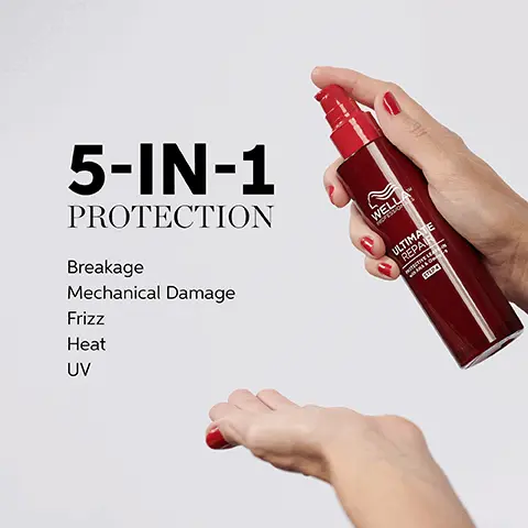 Image 1, 5 in 1 protection breakage mechanical damage frizz heat and UV Image 2, cleanse, condition, treat and protect. Image 3, fine hair 1 pump medium hair 2 pumps and coarse hair 3-4 pumps