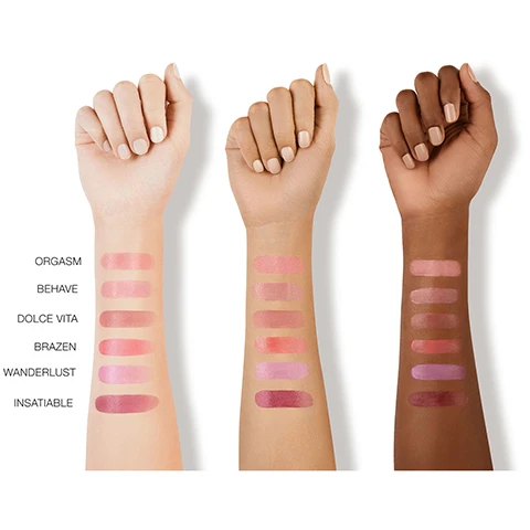 Image 1, swatches on three different skin tones - orgasm, behave, dolce vita, brazen, wanderlust, insatiable. Image 2, orgasm, peachy pink with golden shimmer. Image 3, afterglow liquid blush buildable color, natural luminous finish weightless feel. orgasm = peachy pink with golden shimmer. behave - mauve pink. dolce vita - dusty rose. wanderlust - soft lilac. brazen - coral peach. insatiable - deep plum. Image 4, color meets care, natural luminous finish, 8 hour hydration, lasting transfer resistant wear. Image 5, insatiable, orgasm, wanderlust, dolce vita, brazen, behave. Image 6, sodium hyaluronate nourishes skin barrier for 8 hour hydration. vitamin e protects from environmental aggressors. vegan collagen promotes appearance of healthy looking skin.