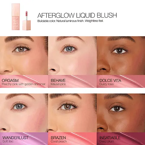 Image 1, colour meets care - natural luminous finish, all day hydration, lasting transfer resistant wear. Image 2, sodium hyaluronate nourishes skin barrier for all day hydration. vitamin e - defends against environmental aggressors. vegan protein - promotes appearance for healthy looking skin. Image 3, INSATIABLE DOLCE VITA ORGASM WANDERLUST NARS BRAZEN BEHAVE