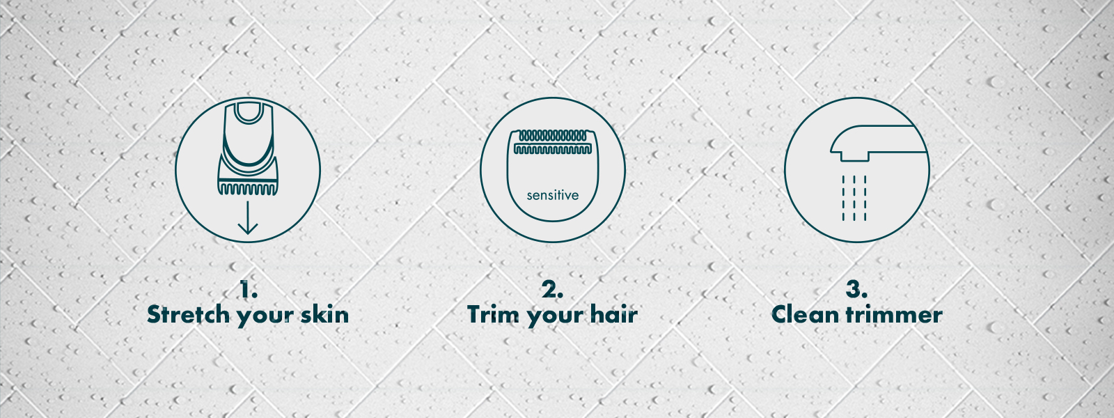 1. Stretch your skin. 2. Trim your hair. 3. Clean trimmer.