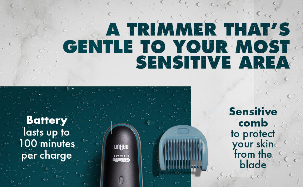 A TRIMMER THAT'S GENTLE TO YOUR MOST SENSITIVE AREA Battery lasts up to 100 minutes per charge untu DIVWIINI Sensitive comb to protect your skinfrom the blade.