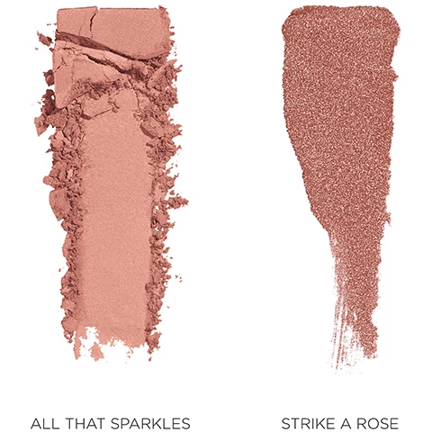 Image 1, swatches of all that sparkles and strike a pose. image 2, roseglow blush colour infusion in the shade all that sparkles on three different skin tones. image 3, caviar stick eye color in strike a pose on three different skin tones.