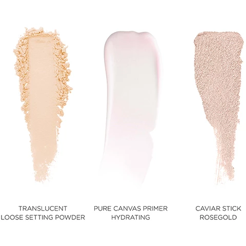 Image 1, swatches of translucent loose setting powder, pure canvas primer hydrating, caviar stick rosegold. image 2, caviar stick eye color in rosegold on three different skin tones. image 3, 4 and 5, before and after translucent
