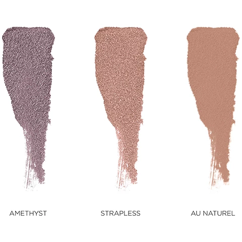 Image 1, swatches of amethyst, strapless, au naturel. image 2, caviar stick eye shadow in amethyst on three different skin tones. image 3, caviar stick eye shadow in strapless on three different skin tones. image 4, caviar stick eye shadow in au naturel on three different skin tones.