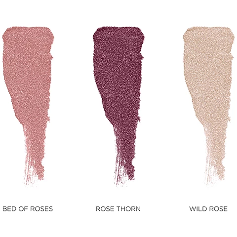 Image 1, swatches of bed of roses, rose thorn and wild rose. image 2, caviar stick eye color in bed of roses on three different skin tones. image 3, caviar stick eye rose thorn on three different skin tones. image 4, caviar stick eye wild rose on three different skin tones. image 4, swatches of bed of roses, rose thorn and wild rose on three different skin tones.