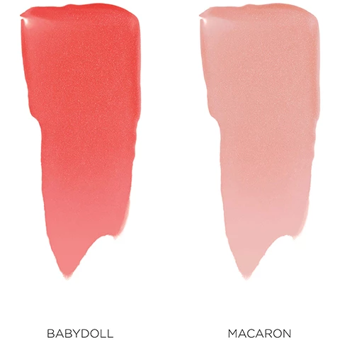 Image 1, swatches of babydoll and macaron. image 2, lip glace in baby doll on three different skin tones. image 3, lip glace in macaron on three different skin tones. image 4, swatches of babydoll and macaron on three different skin tones.