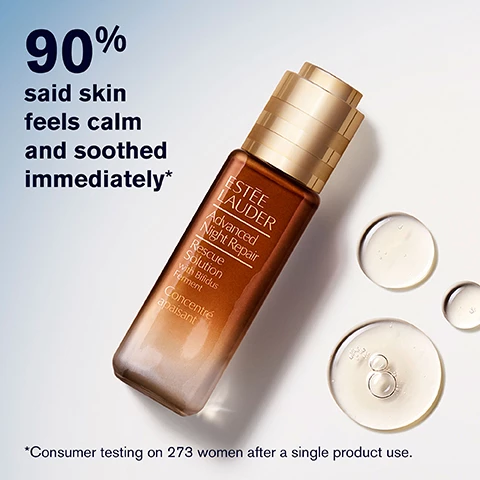 Image 1, 90% said skin feels calm and soothed immediately. consumer testing on 273 women after a single product use. image 2, new rescue solution soothes the look of irritation, redness and sensivity.