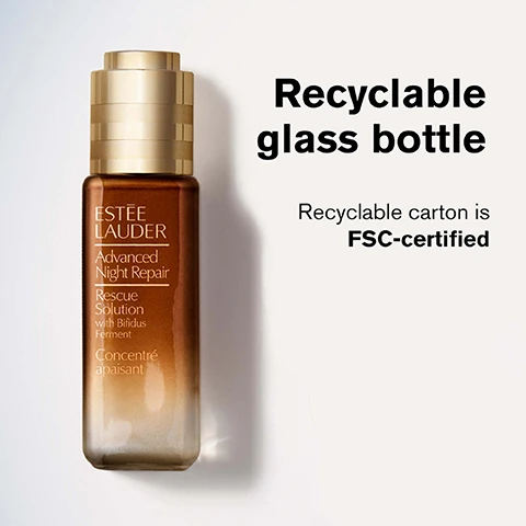 Image 1 - A brown glass bottle of Estée Lauder Advanced Night Repair Rescue Solution with a gold cap is displayed on a light background, with text indicating the bottle is recyclable and the carton is FSC-certified.
              Image 2 - Image shows two perfume bottles of Tom Ford Grey Vetiver, one in a light amber color and the other in silver, surrounded by green leaves and white flowers, with text reading CHARISMATIC ELEGANCE WOODY CITRUS VETIVER ORANGE FLOWER PIMENTO and TAILORED STYLE AMBER, FRUITY ORANGE FLOWER SAFFRON VETIVER HAITI.