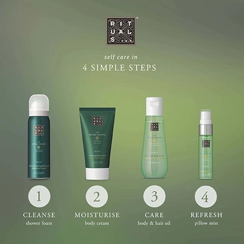 1 = cleanse with shower foam. 2 = exfoliate with body scrub. 3 = care with body and hair oil. 4 = refresh with pillow mist.