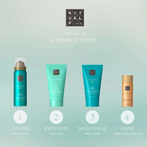 1 = cleanse with shower foam. 2 = exfoliate with body scrub. 3 = moisturise with body cream. 4 = glow with shimmering body oil.