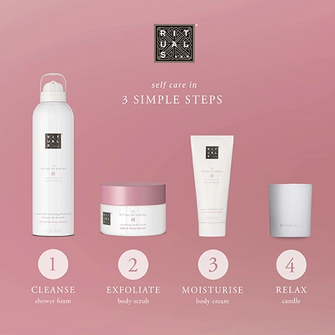 1 = cleanse with shower foam. 2 = exfoliate with body scrub. 3 = moisturise with body cream. 4 = relax with candle.