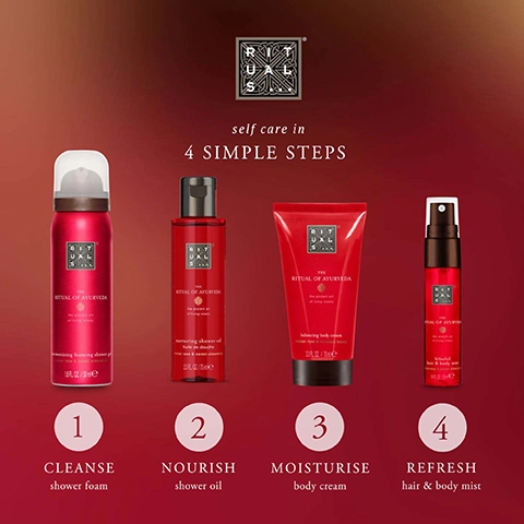 1 = cleanse with shower foam. 2 = nourish with shower oil. 3 = moisturise with body cream. 4 = refresh with hair and body mist.