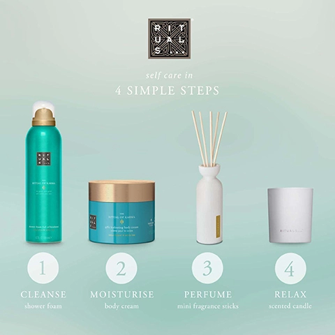 1 = cleanse with shower foam. 2 = exfoliate with body scrub. 3 = perfume with mini fragrance. 4 = relax with scented candle.
