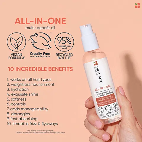 Image 1, ALL-IN-ONE
              multi-benefit oil 95% except cap, label VEGAN FORMULA Cruelty Free RECYCLED INTERNATIONAL BOTTLE