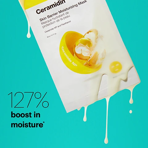 Image 1 - A skincare product packaging for Ceramidin Skin Barrier Moisturizing Mask is shown against a bright turquoise background, with a depiction of a yellow droplet and the text 127% boost in moisture*.
              Image 2 - A close-up of a yellow facial mask with a minimalist face design, featuring the text that reads: Formulated with Ceramide NP for barrier strength and Panthenol for moisture.