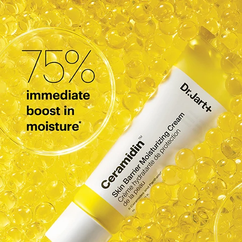 Image 1 - A tube of Dr. Jart+ Ceramidin Skin Barrier Moisturizing Cream is surrounded by yellow bubbles, with large text stating 75% immediate boost in moisture.
              Image 2 - A flat lay of multiple tubes of Dr. Jart+ Ceramidin Skin Barrier Moisturizing Cream with a creamy product squeezed out, displayed on a bright teal background, with text that says Strengthens skins barrier* Boosts elasticity*.