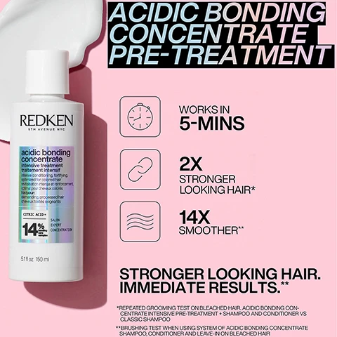 Image 1, acidic bonding conentrate pre-treatment. works in 5 mins, 2 times stronger looking hair, 14 times smoother. stronger looking hair immediate results. *when using system of acific bonding concentrate shampoo, conditioner and leave in on bleached hair vs non conditioning shampoo. **brushing test when using system of acidic bonding concentrate shampoo, conditioner and leave in on bleached hair. Image 2, acidic bonding concentrate shampoo. 11 times smoother, 56% less breakage, silky finish and glossy shine. stronger looking hair immediate results. *when using system of acific bonding concentrate shampoo, conditioner and leave in on bleached hair vs non conditioning shampoo. **brushing test when using system of acidic bonding concentrate shampoo, conditioner and leave in on bleached hair. Image 3, bond repair and ultra hydration, 3 times stronger, 14 times better detangling 72 hours of ultra hydration. *acidic bonding concentrate 5 min liquid mask standalone vs non conditioning shampoo. **based on consumer test results when using acidic bonding concentrate shampoo and 5  min liquid mask. Image 4, before and after. Image 5, your regiment medium to thick hair. Image 5, damage repair mask. Image 6, new dual benefit treatments layering an extra benefit to your bonding care.