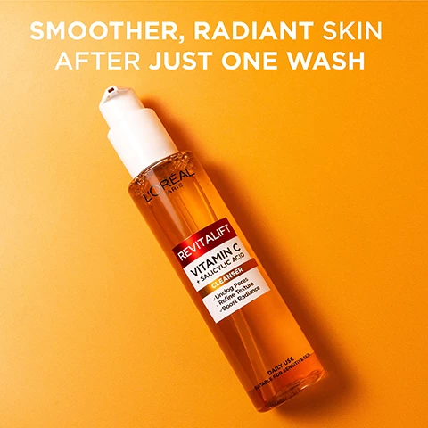 Image 1, smoother, radiant skin after just one wash. image 2, discover the brightening power of vitamin c